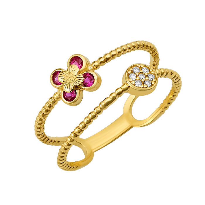 10K/14K Gold Double Band Flower Ring with Gemstones