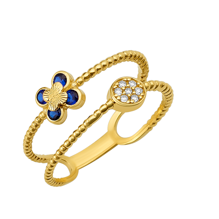 10K/14K Gold Double Band Flower Ring with Gemstones