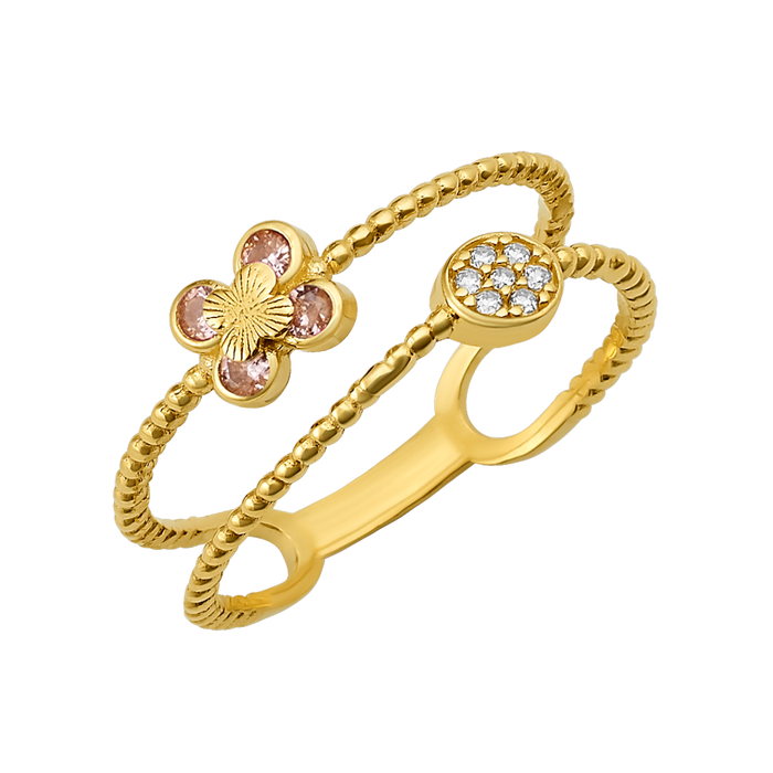 10K/14K Gold Double Band Flower Ring with Gemstones