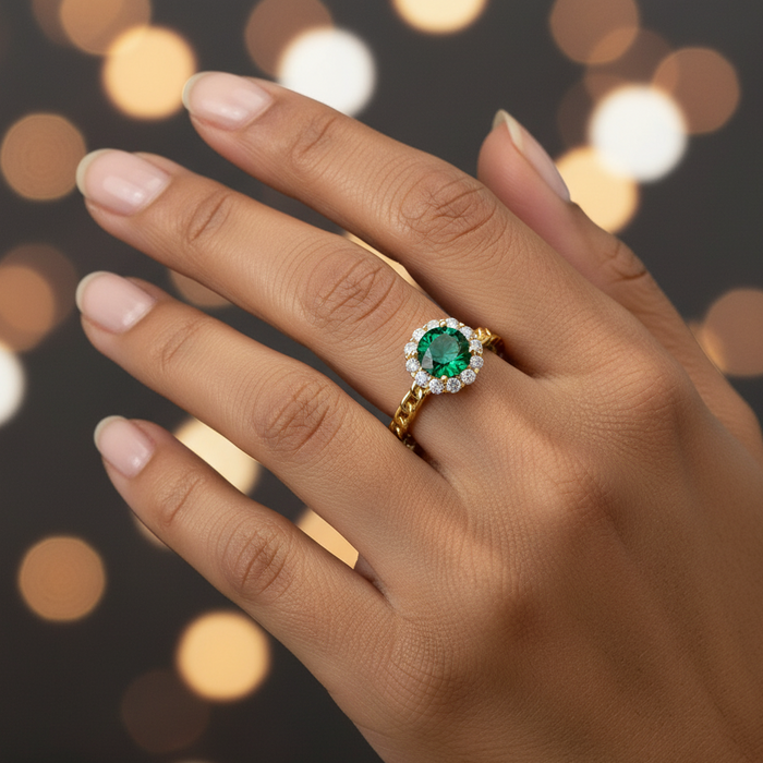 Hand wearing a gold ring with a green gemstone against a blurred lights background