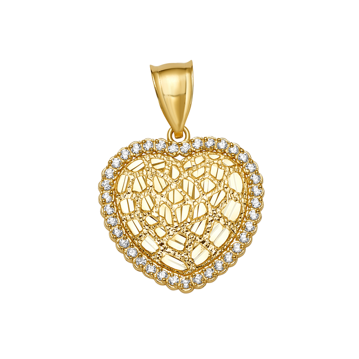 10K/14K Gold Heart Pendant CZ Halo Textured