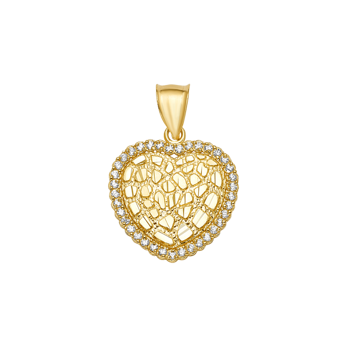10K/14K Gold Heart Pendant CZ Halo Textured