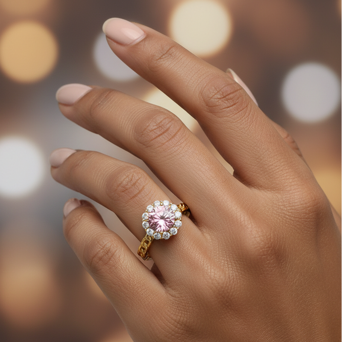 Hand wearing a ring with a pink gemstone against a blurred background