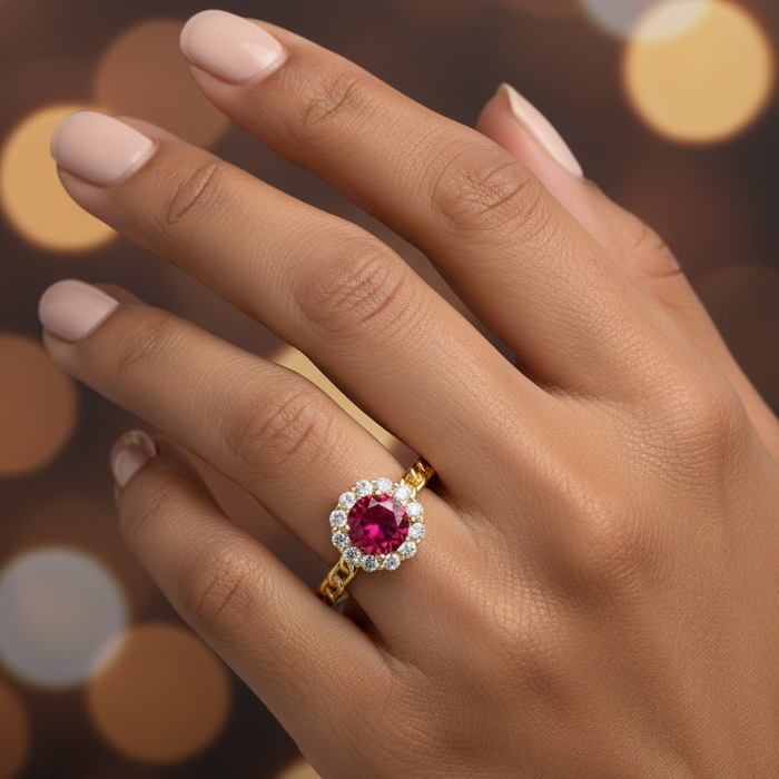 Gold ring with a red gemstone on a hand against a blurred background