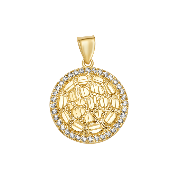 10K/14K Gold Round Pendant CZ Halo Textured