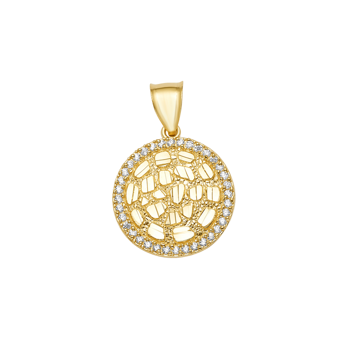 10K/14K Gold Round Pendant CZ Halo Textured