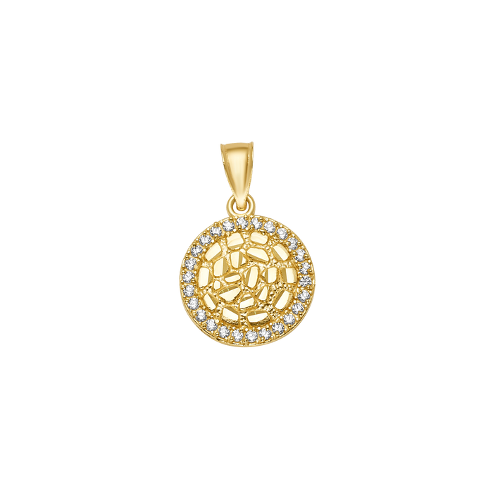 10K/14K Gold Round Pendant CZ Halo Textured