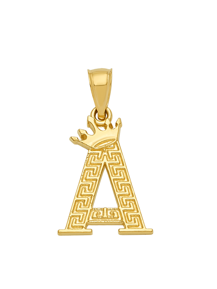 10K/14K Solid Gold Crowned "A" Initial Greek Key Pendant