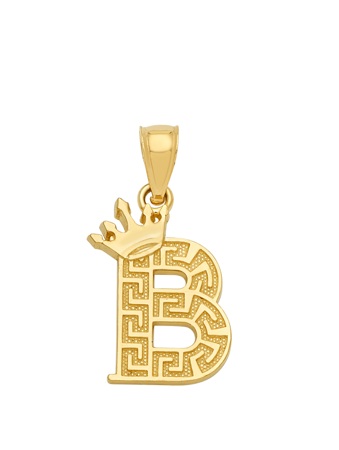 10K/14K Solid Gold Crowned "B" Initial Greek Key Pendant