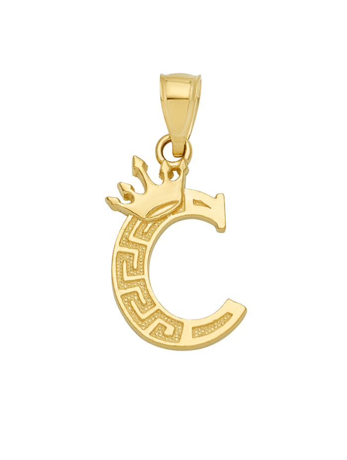 10K/14K Solid Gold Crowned "C" Initial Greek Key Pendant