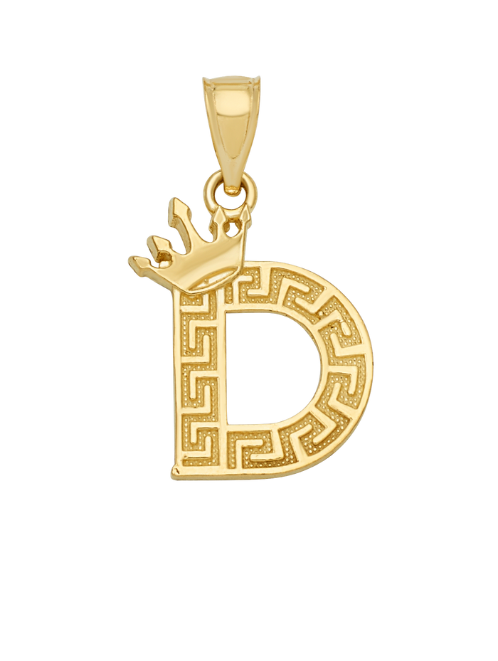 10K/14K Solid Gold Crowned "D" Initial Greek Key Pendant