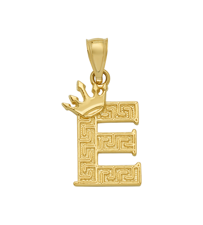 10K/14K Solid Gold Crowned "E" Initial Greek Key Pendant