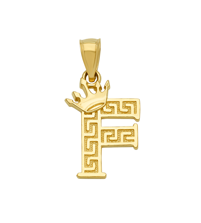 10K/14K Solid Gold Crowned "F" Initial Greek Key Pendant
