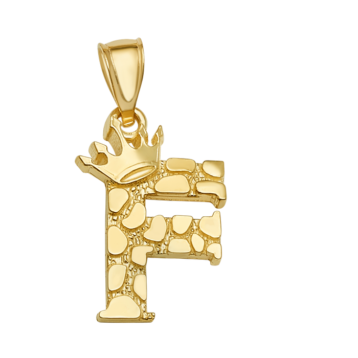 10K/14K Solid Gold Crowned "F" Initial Textured Mosaic Pendant