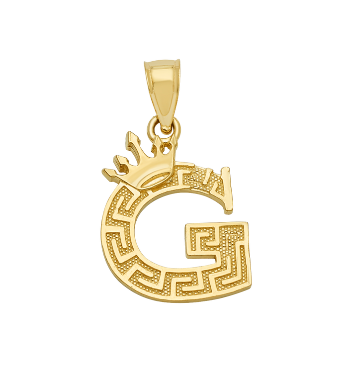10K/14K Solid Gold Crowned "G" Initial Greek Key Pendant