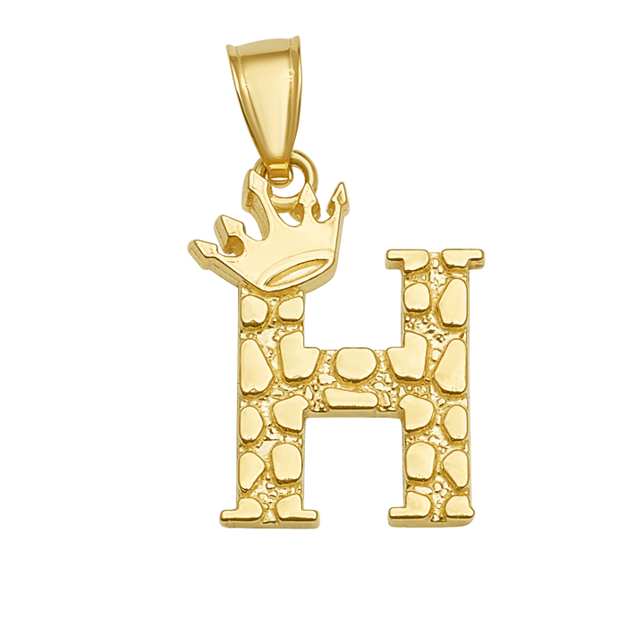 10K/14K Solid Gold Crowned "H" Initial Textured Mosaic Pendant