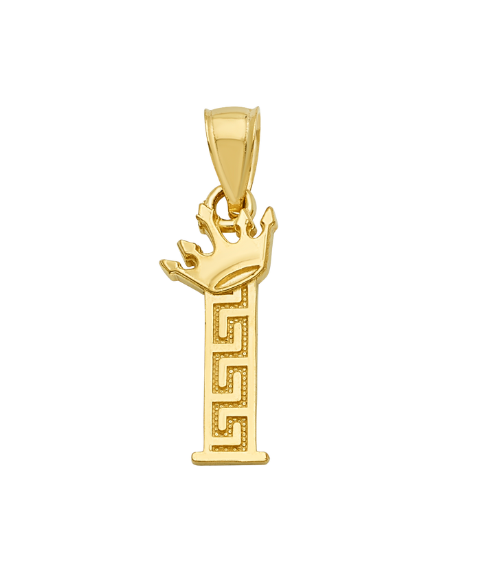 10K/14K Solid Gold Crowned "I" Initial Greek Key Pendant