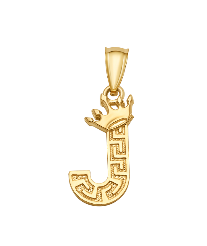 10K/14K Solid Gold Crowned "J" Initial Greek Key Pendant