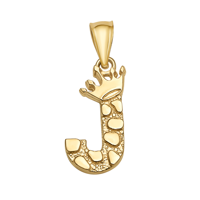 10K/14K Solid Gold Crowned "J" Initial Textured Mosaic Pendant