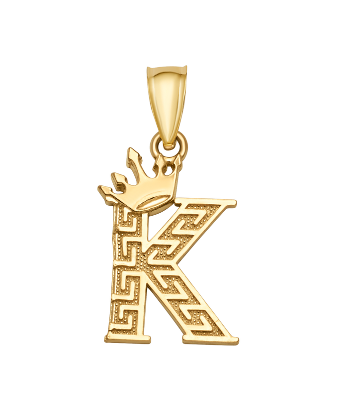 10K/14K Solid Gold Crowned "K" Initial Greek Key Pendant