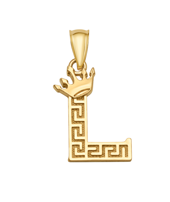 10K/14K Solid Gold Crowned "L" Initial Greek Key Pendant