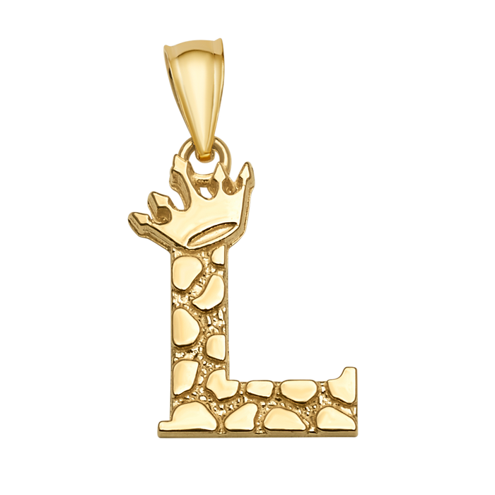 10K/14K Solid Gold Crowned "L" Initial Textured Mosaic Pendant