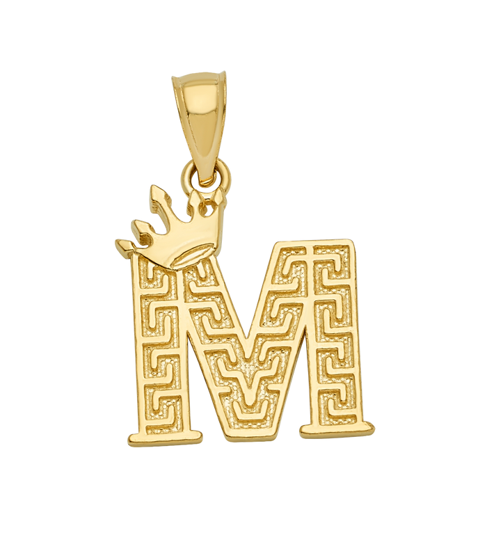 10K/14K Solid Gold Crowned "M" Initial Greek Key Pendant