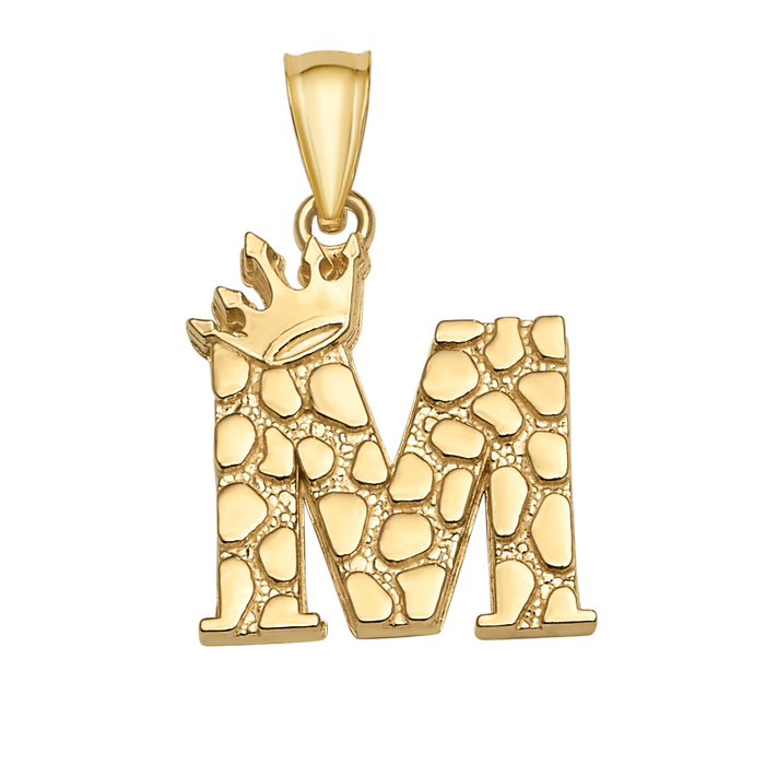 10K/14K Solid Gold Crowned "M" Initial Textured Mosaic Pendant
