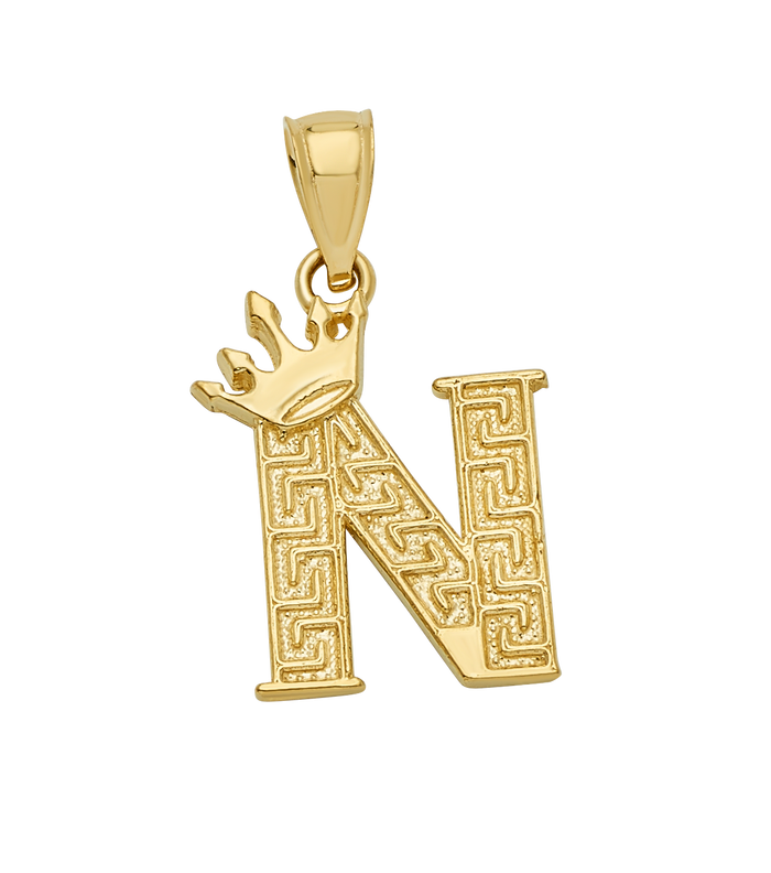 10K/14K Solid Gold Crowned "N" Initial Greek Key Pendant