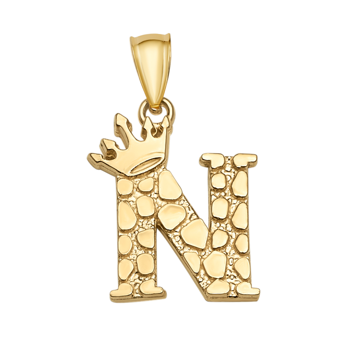 10K/14K Solid Gold Crowned "N" Initial Textured Mosaic Pendant