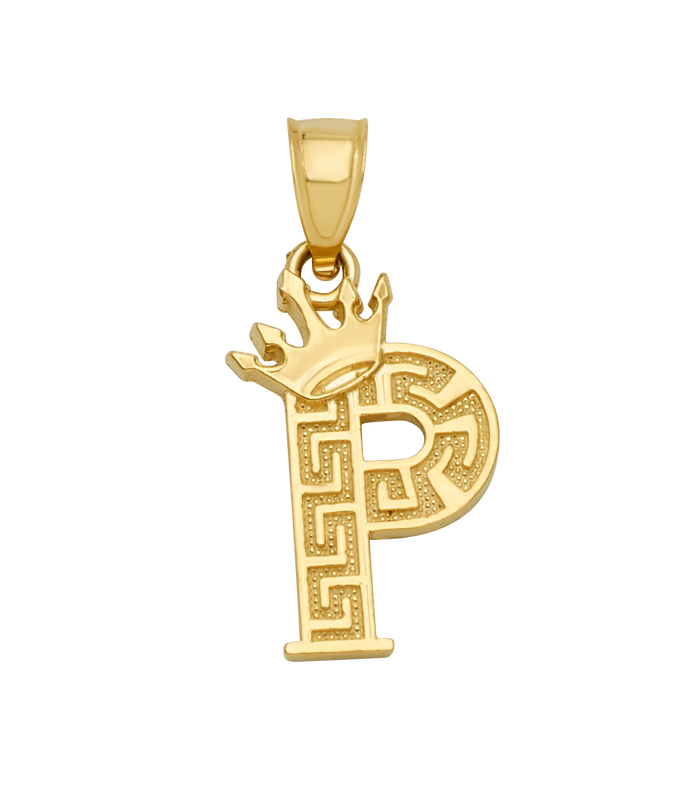 10K/14K Solid Gold Crowned "P" Initial Greek Key Pendant