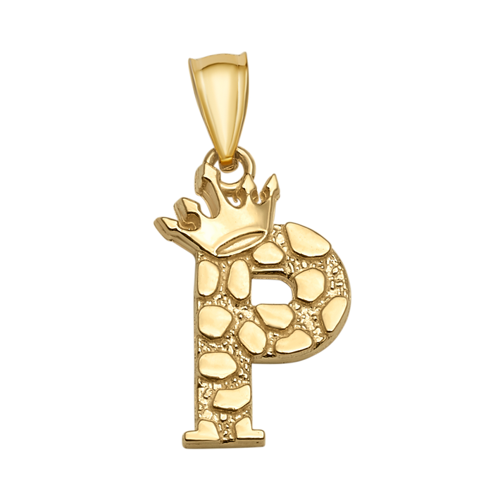 10K/14K Solid Gold Crowned "P" Initial Textured Mosaic Pendant