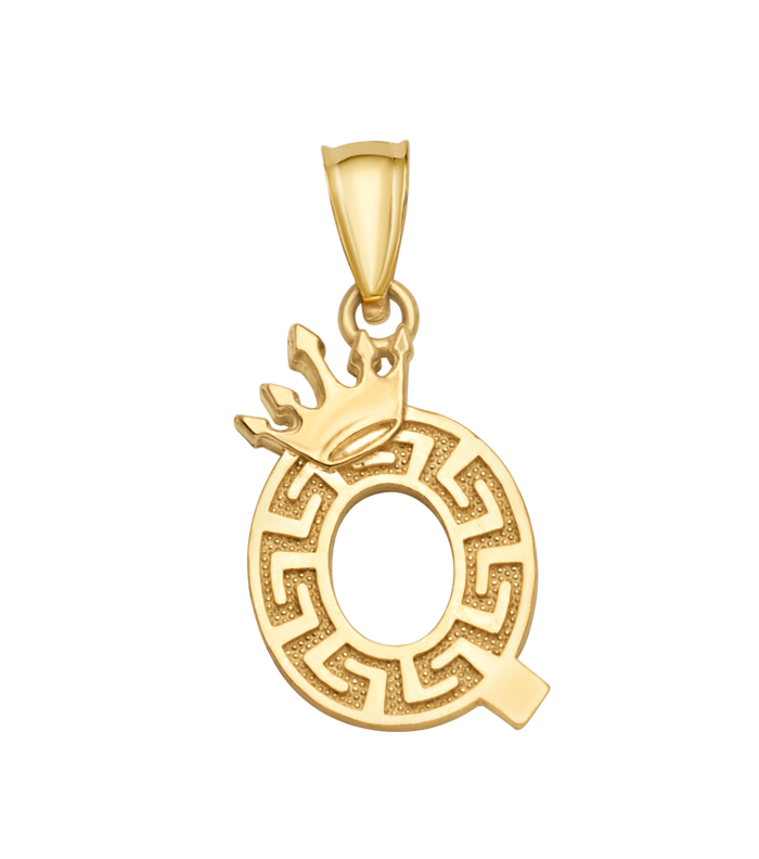 10K/14K Solid Gold Crowned "Q" Initial Greek Key Pendant