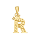 10K/14K Solid Gold Crowned "R" Initial Greek Key Pendant