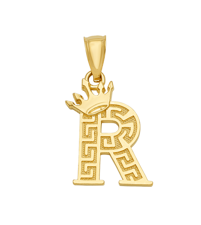 10K/14K Solid Gold Crowned "R" Initial Greek Key Pendant
