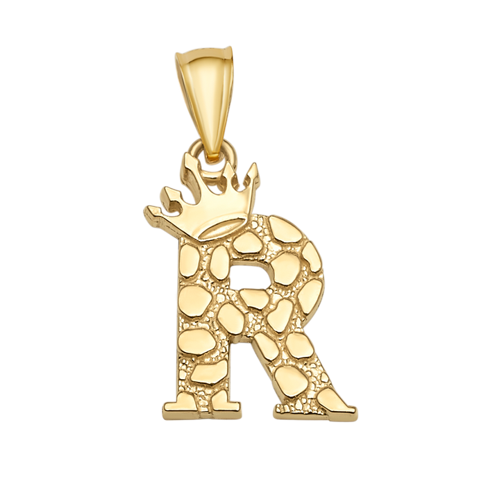 10K/14K Solid Gold Crowned "R" Initial Textured Mosaic Pendant