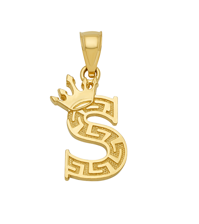 10K/14K Solid Gold Crowned "S" Initial Greek Key Pendant