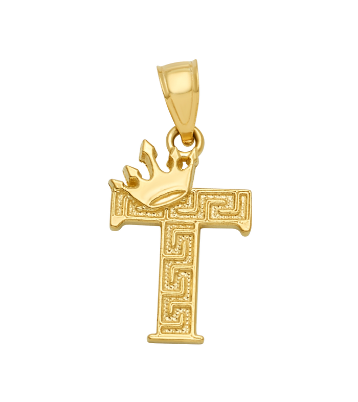 10K/14K Solid Gold Crowned "T" Initial Greek Key Pendant