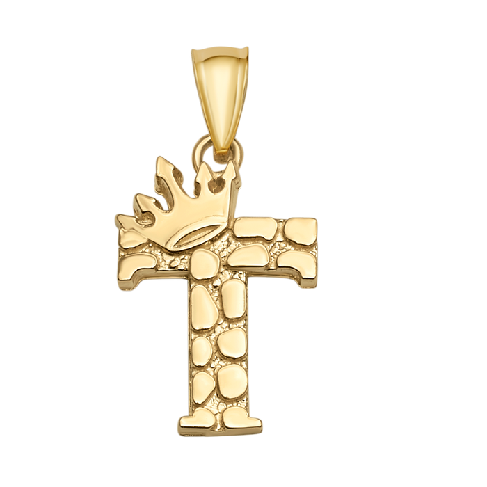 10K/14K Solid Gold Crowned "T" Initial Textured Mosaic Pendant