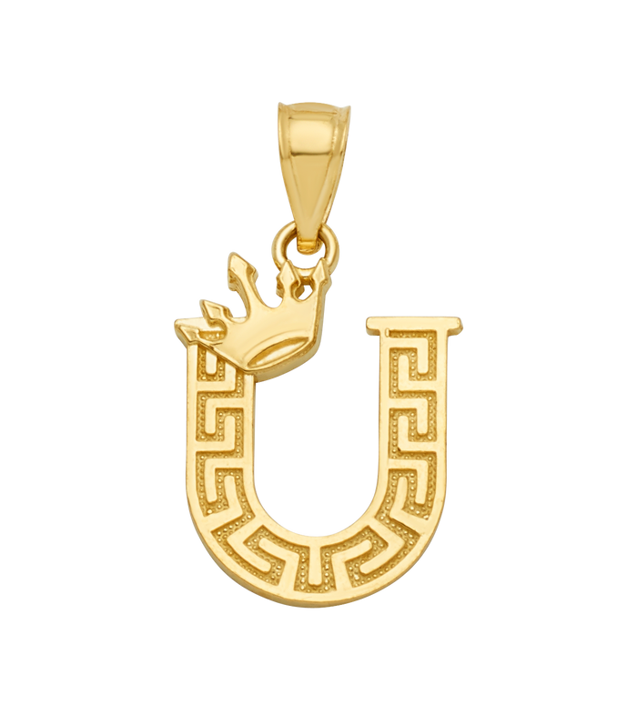 10K/14K Solid Gold Crowned "U" Initial Greek Key Pendant