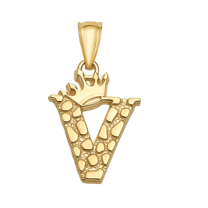 10K/14K Solid Gold Crowned "V" Initial Textured Mosaic Pendant