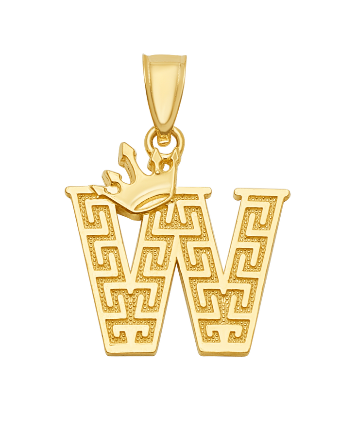 10K/14K Solid Gold Crowned "W" Initial Greek Key Pendant
