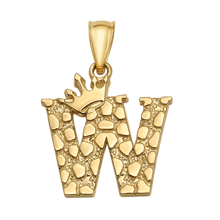10K/14K Solid Gold Crowned "W" Initial Textured Mosaic Pendant
