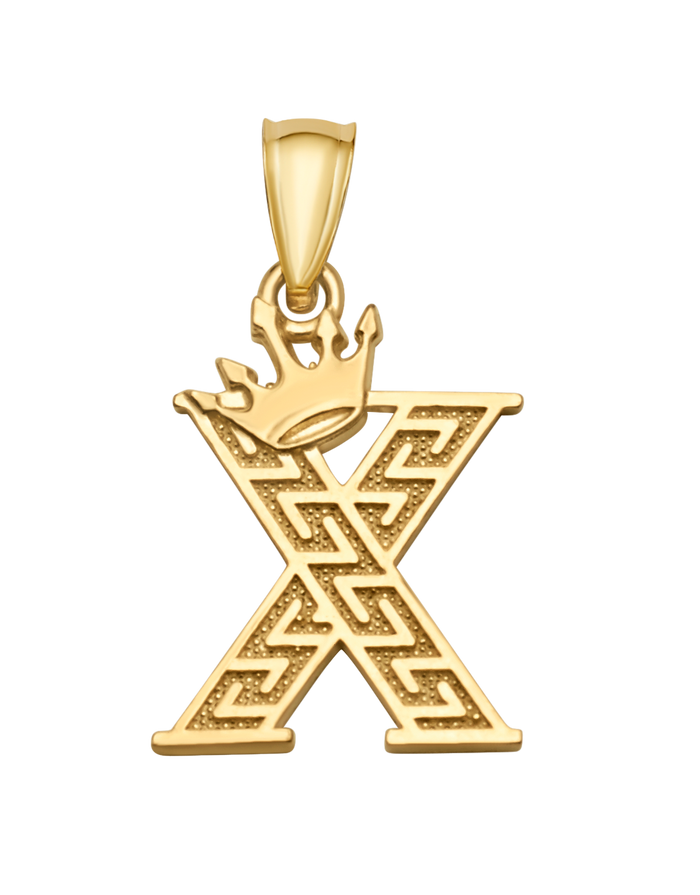10K/14K Solid Gold Crowned "X" Initial Greek Key Pendant