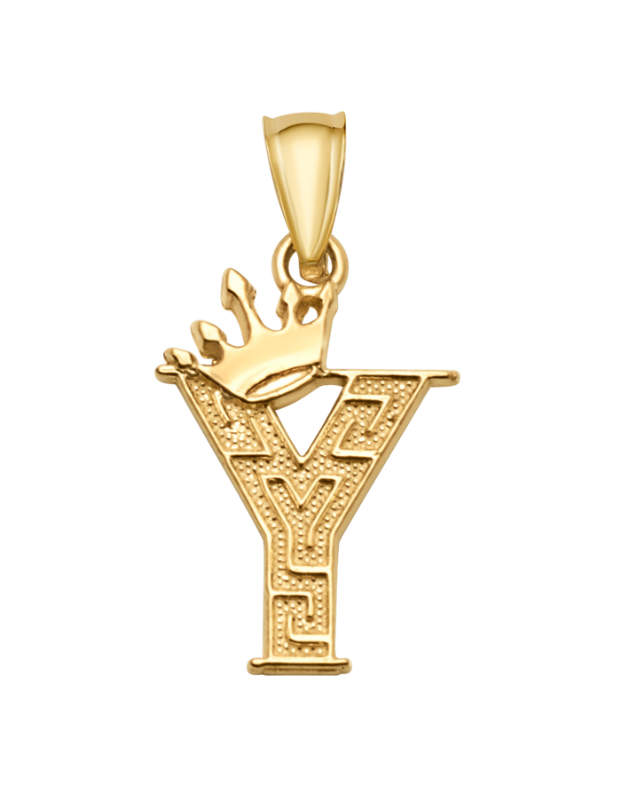 10K/14K Solid Gold Crowned "Y" Initial Greek Key Pendant