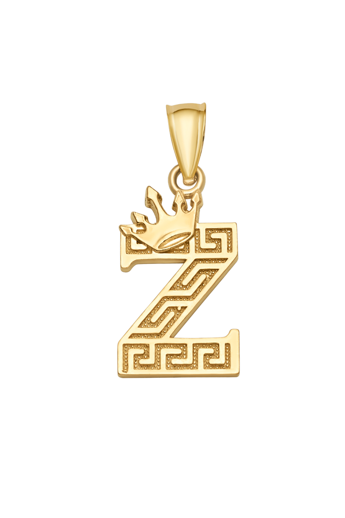 10K/14K Solid Gold Crowned "Z" Initial Greek Key Pendant