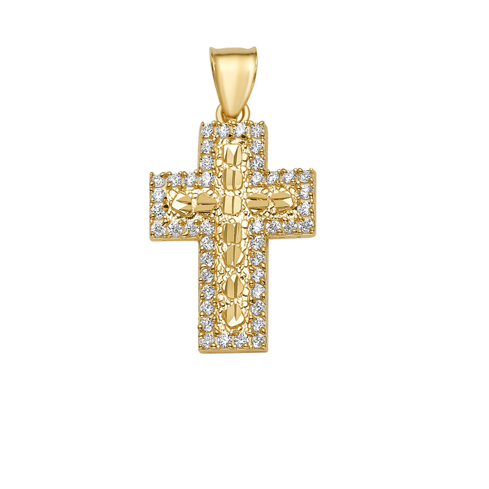 10K/14K Solid Gold CZ Accent Textured Cross Pendant