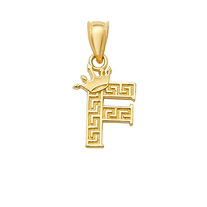 10K/14K Solid Gold "F" Crown Greek Key Pendant