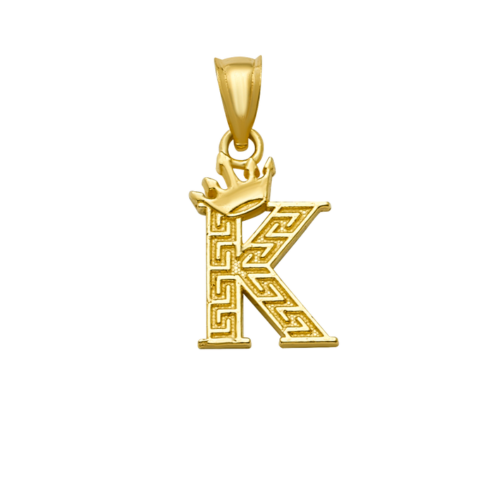 10K/14K Solid Gold "K" Crown Greek Key Pendant
