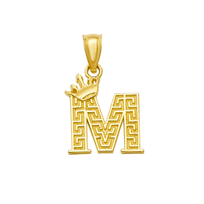 10K/14K Solid Gold "M" Crown Greek Key Pendant